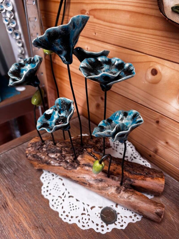 6 Blauwe klaprozen op hout