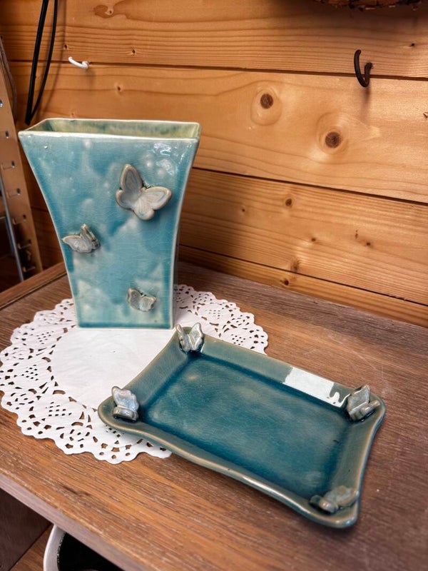 Turquoise/blauw setje vaas met bord