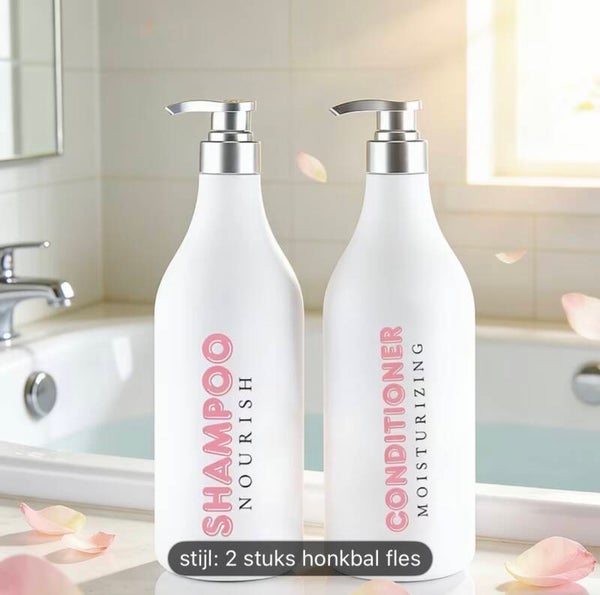 Speciaal voor kappers, Een set van 2 pompflessen wit met roze tekst 1000 ml, zeep dispenser kunststof, navulbare shampoo fles.