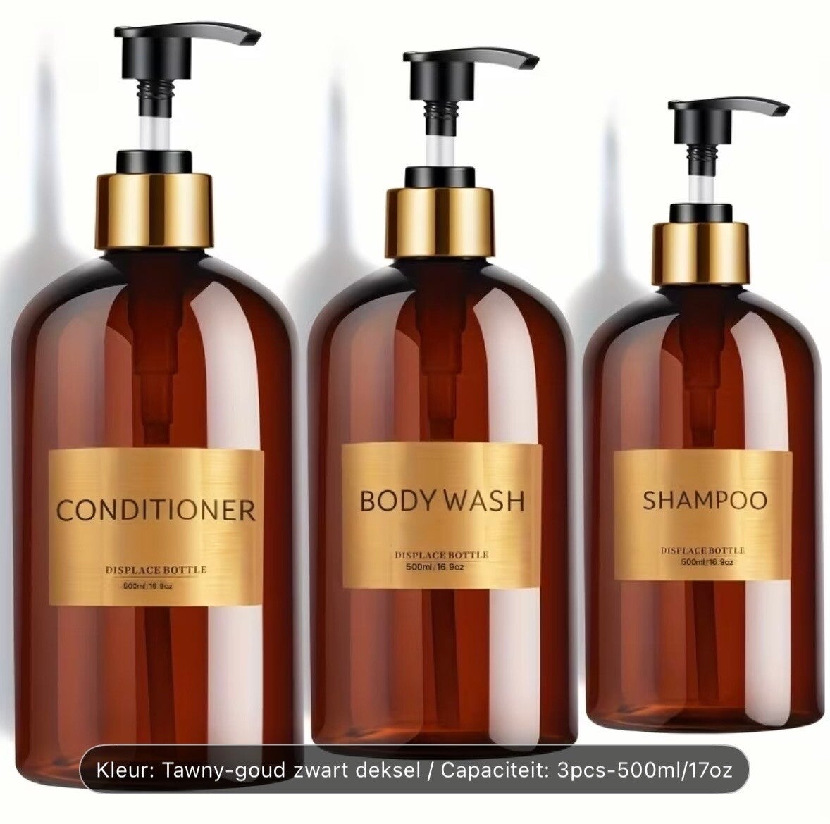 Set van 3 Pompflessen, 500 ML, zeep dispenser kunststof bruin/goud met zwarte pomp en tekst, navulbare shampoo fles.