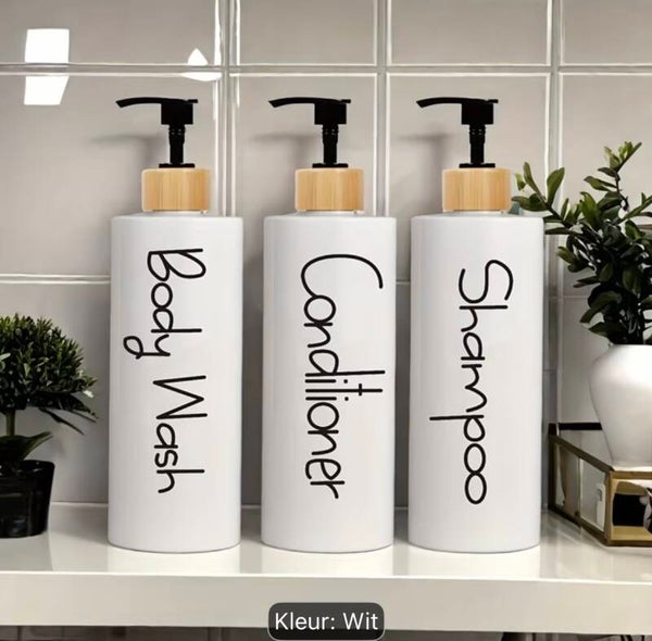 Set van 3 Pompflessen, 500 ML, zeep dispenser kunststof wit tekst, navulbare shampoo fles.