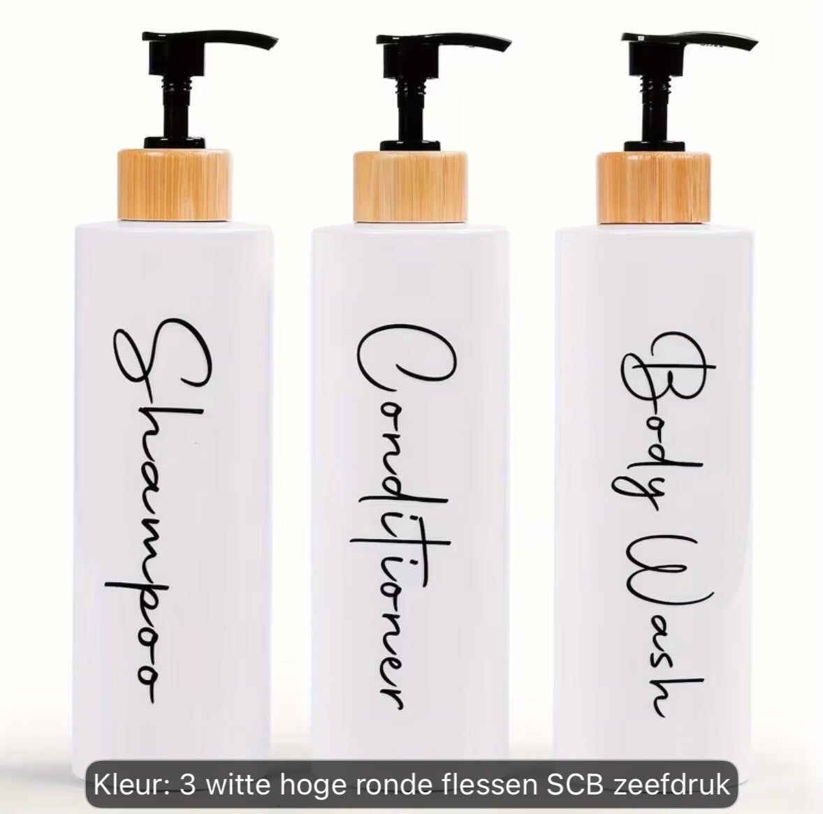 Set van 3 Pompflessen, 500 ML, zeep dispenser kunststof wit met bamboe en tekst, navulbare shampoo fles.