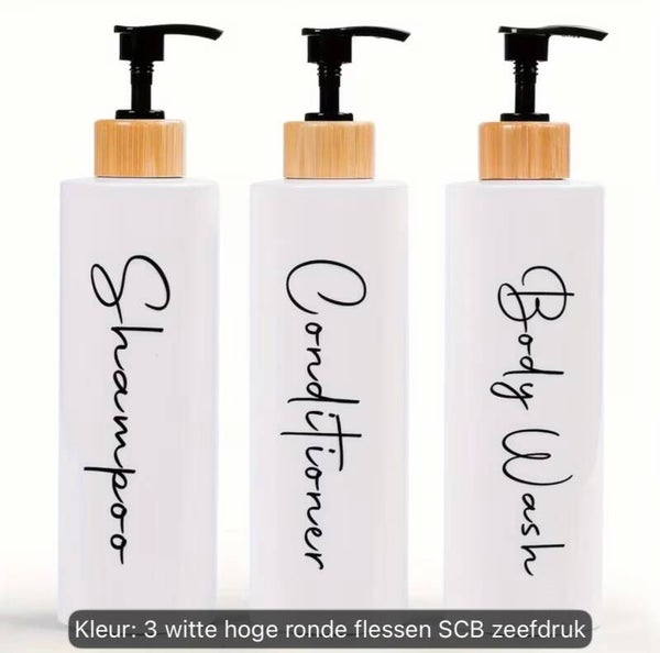 Set van 3 Pompflessen, 500 ML, zeep dispenser kunststof wit met bamboe en tekst, navulbare shampoo fles.