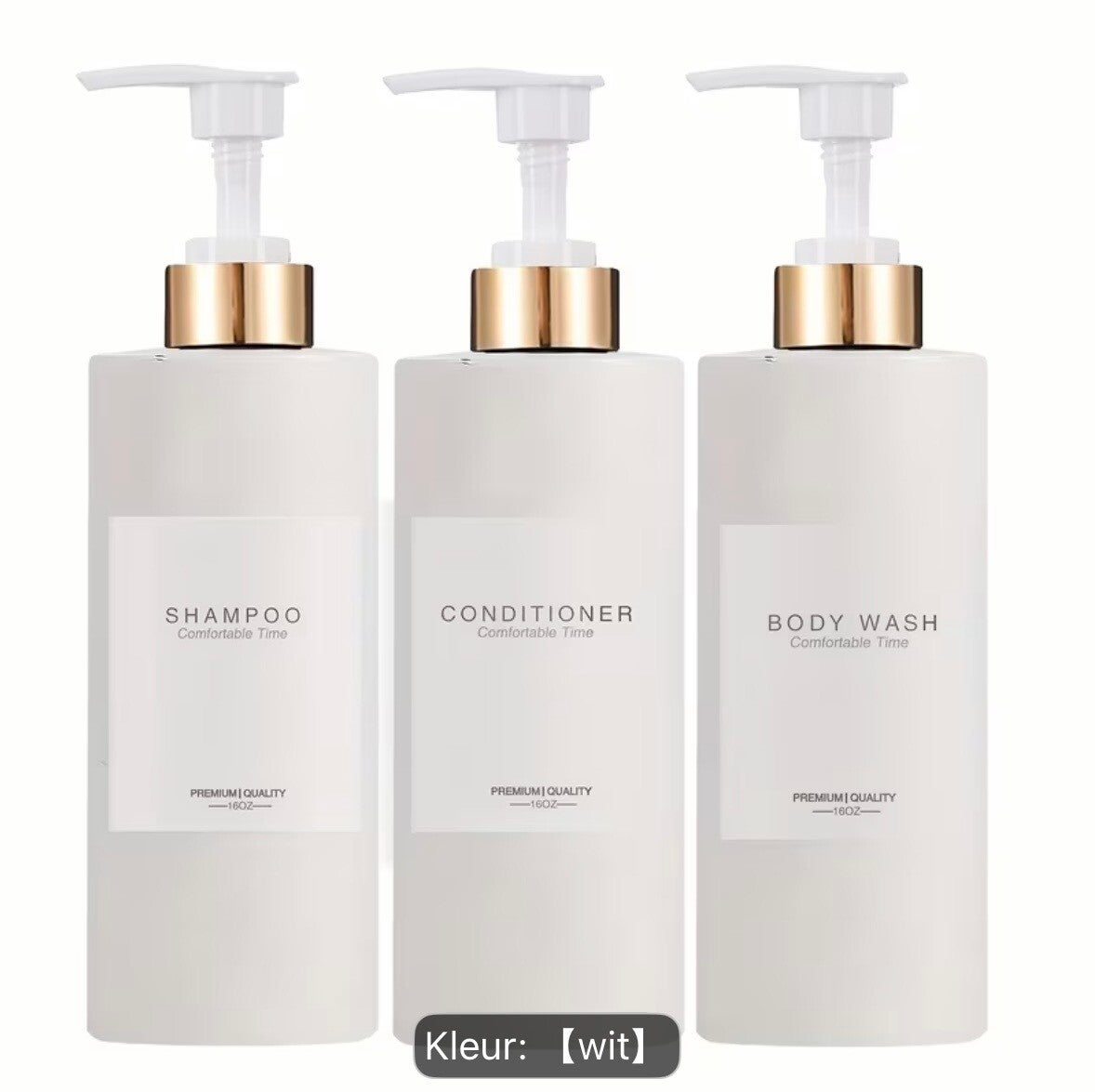 een set van 3 pompflessen wit/goud met tekst 500 ml, zeep dispenser kunststof, navulbare shampoo fles.