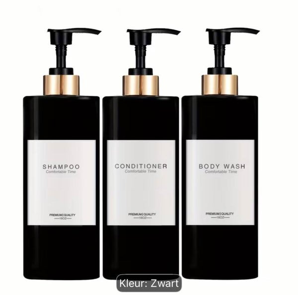 Set van 3 Pompflessen, 500 ML, zeep dispenser kunststof zwart met goud en tekst, navulbare shampoo fles.