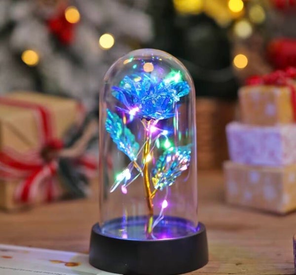 Galactisch Glas Roos Eeuwig Kristallen Bloem Lichtgevende Roos in Glazen Koepel kleur blauw