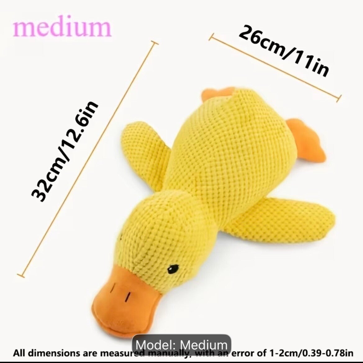 Een pluche hondenspeeltje in de vorm van een kleine gele eend