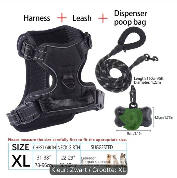4-delige Hondentuig kleur zwart maat XL