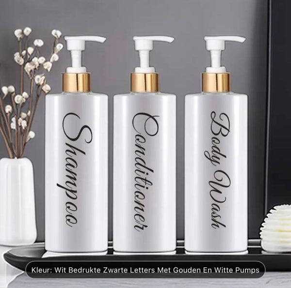 Set van 3 Pompflessen, 500 ML, zeep dispenser kunststof Wit/Goud en tekst, navulbare shampoo fles.