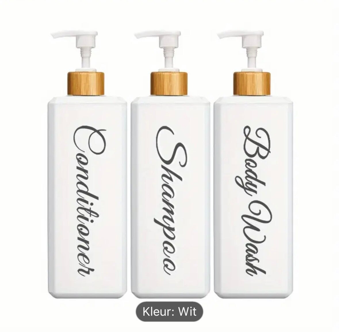 Set van 3 Pompflessen, 500 ML, zeep dispenser kunststof vierkant wit bamboe en tekst, navulbare shampoo fles.