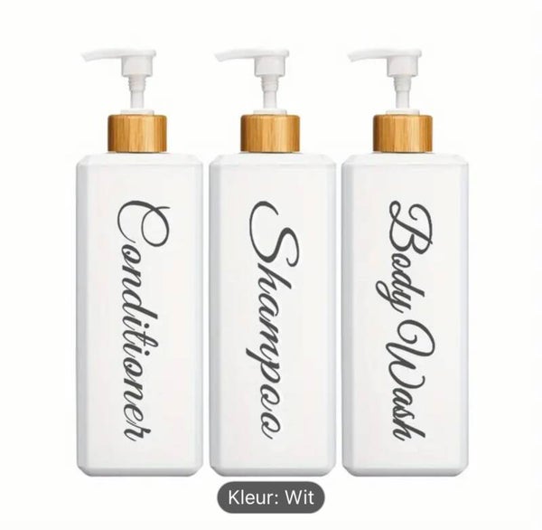 Set van 3 Pompflessen, 500 ML, zeep dispenser kunststof vierkant wit bamboe en tekst, navulbare shampoo fles.