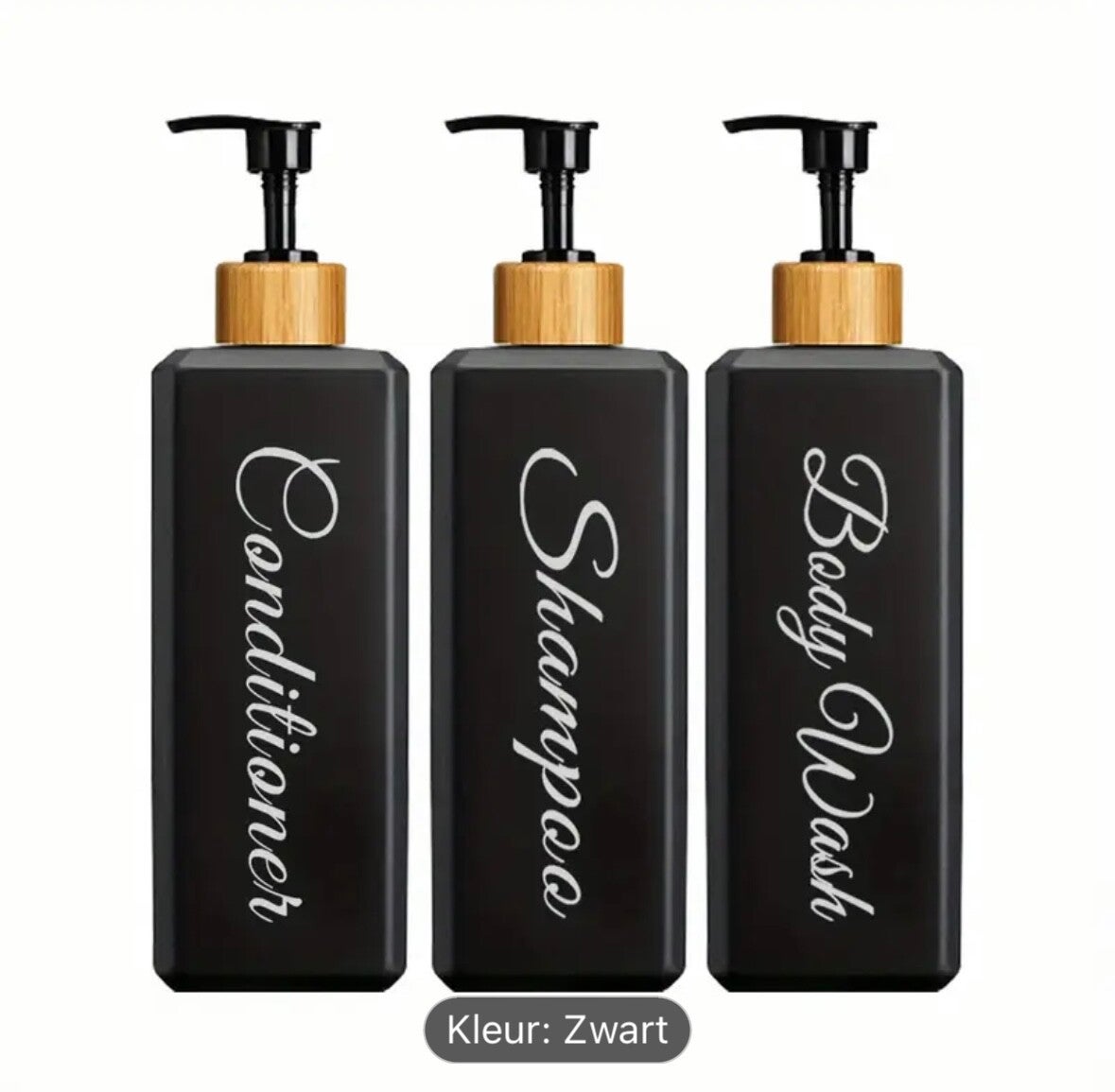 Set van 3 Pompflessen, 500 ML, zeep dispenser kunststof vierkant zwart bamboe en tekst, navulbare shampoo fles.