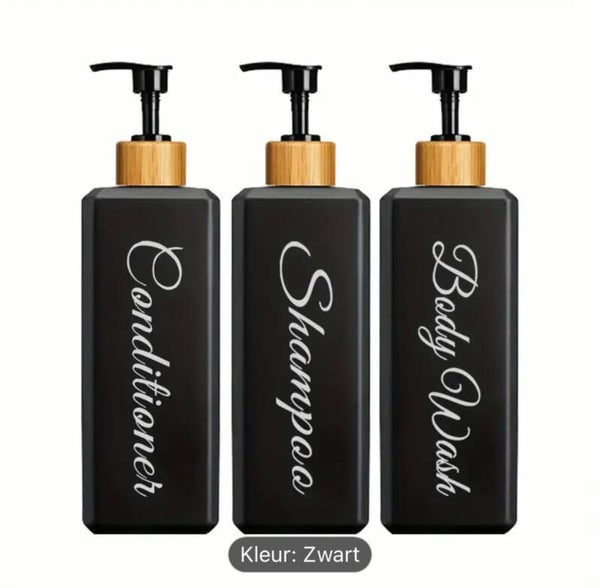 Set van 3 Pompflessen, 500 ML, zeep dispenser kunststof vierkant zwart bamboe en tekst, navulbare shampoo fles.