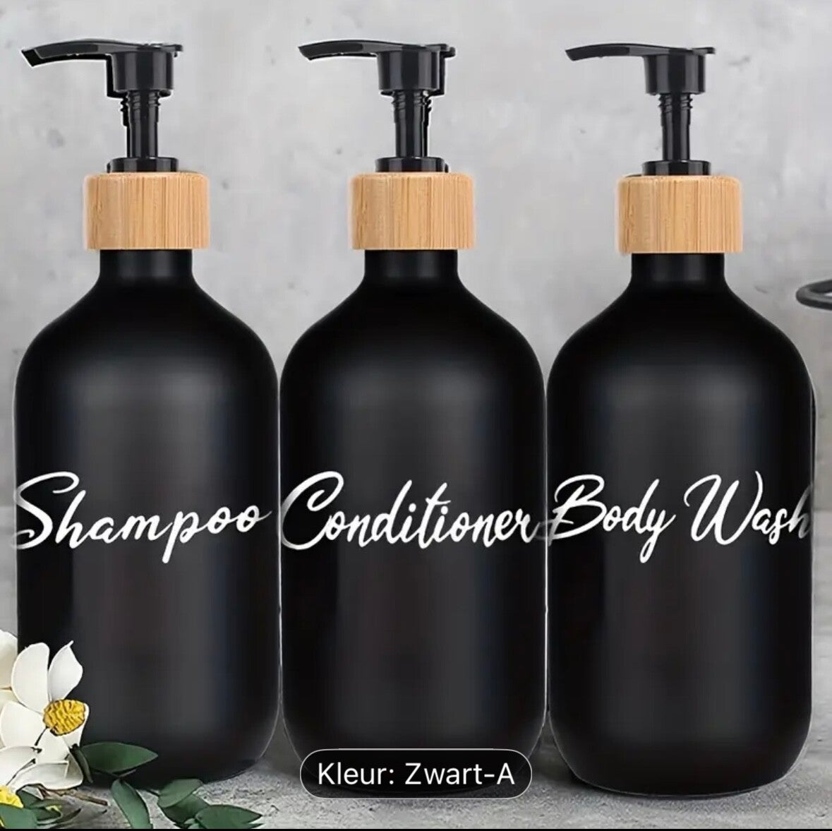 Set van 3 Pompflessen, 500 ML, zeep dispenser kunststof mat zwart en tekst, navulbare shampoo fles.