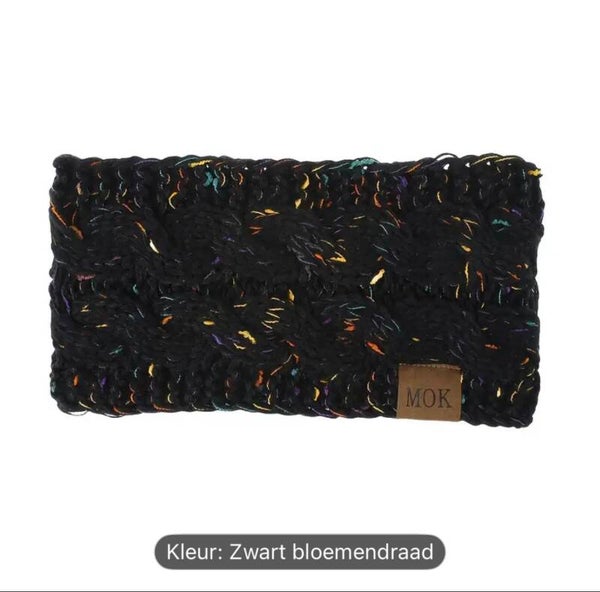 Warme gebreide fleece gevoerde winter hoofdband, Kleur Zwart met Kleurtjes, Onesize, haarband, winter