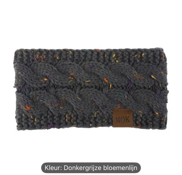 Warme gebreide fleece gevoerde winter hoofdband, Kleur Donker Grijs met kleurtjes, Onesize, haarband, winter
