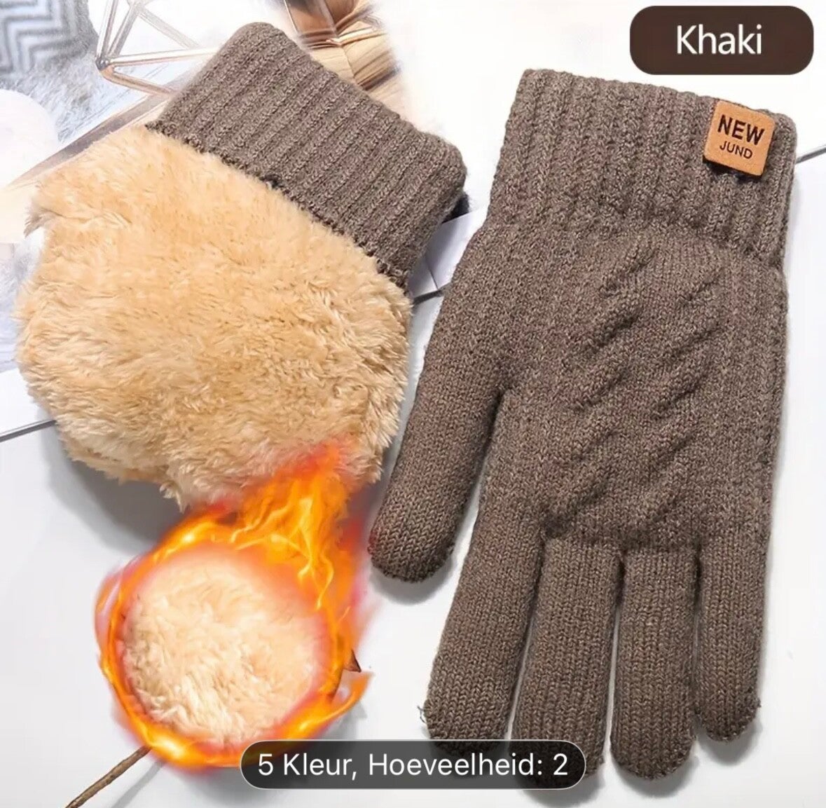 Extra dikke hoogwaardige kwaliteit fleece gevoerde gebreide winter touchscreen handschoenen, Khaki, Onesize. extra fleecevoering