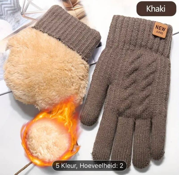 Extra dikke hoogwaardige kwaliteit fleece gevoerde gebreide winter touchscreen handschoenen, Khaki, Onesize. extra fleecevoering