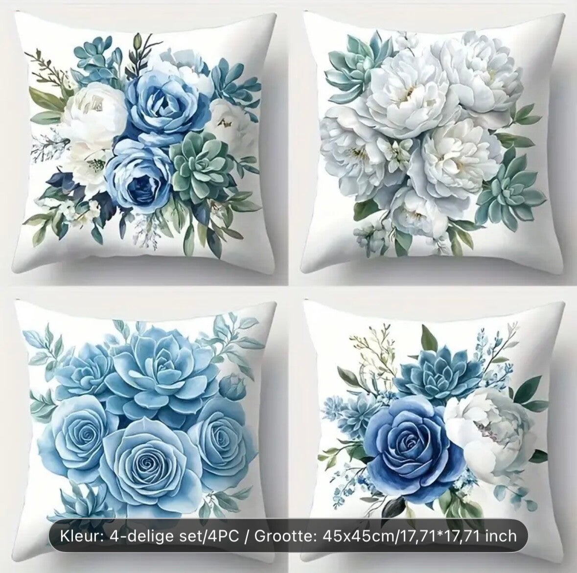 4-Pack Moderne Geometrische Blauwe en Witte Bloemen Polyester Kussenhoezen