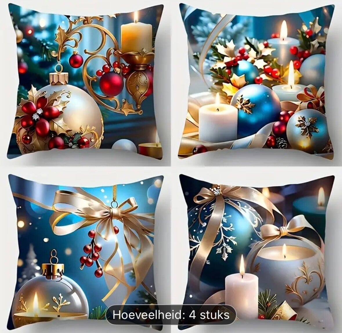 4-delig Kerstserie Kussensloop, Blauwe Heldere Kleur Feestdecoratie met Kerstbal, Striklint, Kaarspatroon