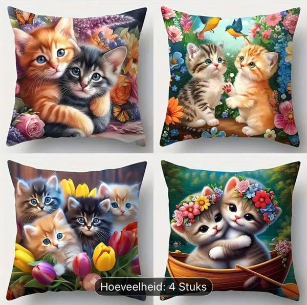 4 stuks, schattige kattenprint kussensloop