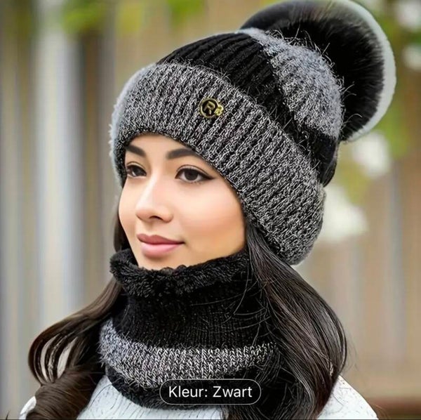 set van 2 winter muts met sjaal kleur: zwart/grijs
