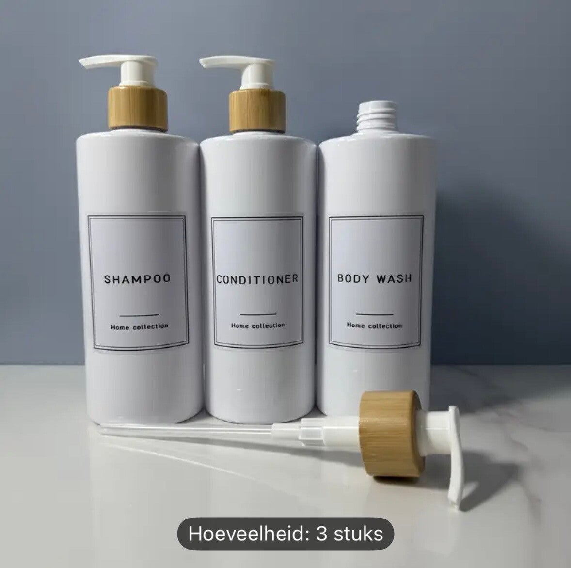 Set van 3 Pompflessen, 500 ML, zeep dispenser kunststof wit met bamboe en tekst, navulbare shampoo fles.