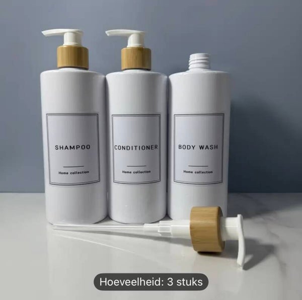 Set van 3 Pompflessen, 500 ML, zeep dispenser kunststof wit met bamboe en tekst, navulbare shampoo fles.