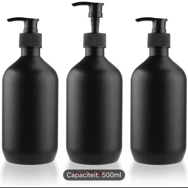 Set van 3 Pompflessen, 500 ML, zeep dispenser kunststof mat mat zwart, navulbare shampoo fles.