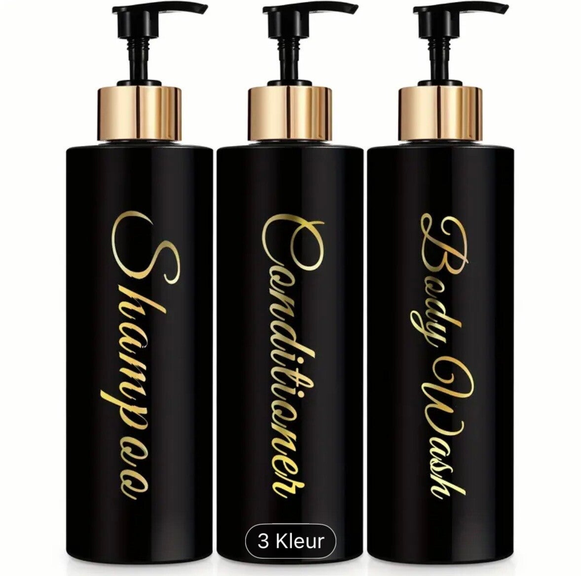 Set van 3 Pompflessen, 400 ML, zeep dispenser kunststof Zwart met goud en tekst, navulbare shampoo fles.