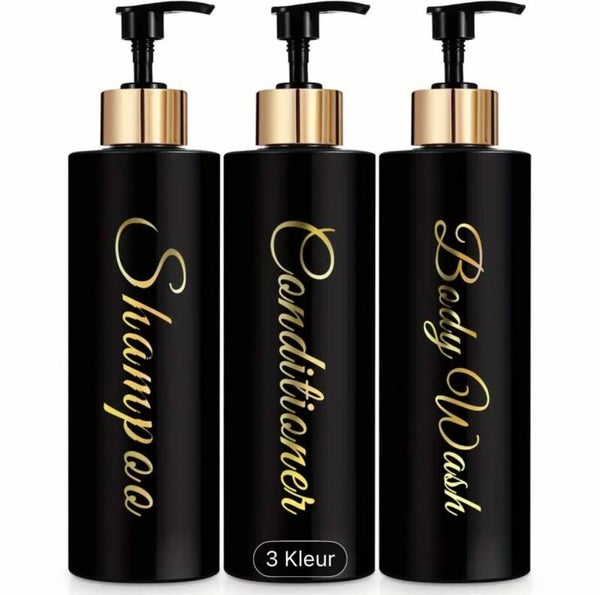 Set van 3 Pompflessen, 400 ML, zeep dispenser kunststof Zwart met goud en tekst, navulbare shampoo fles.