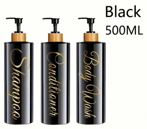 Set van 3 Pompflessen, 500 ML, zeep dispenser kunststof glans zwart met bamboe en gouden tekst, navulbare shampoo fles.
