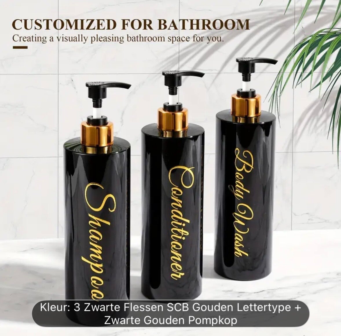 een set van 3 pompflessen zwart/goud met gouden tekst 500 ml, zeep dispenser kunststof, navulbare shampoo fles.
