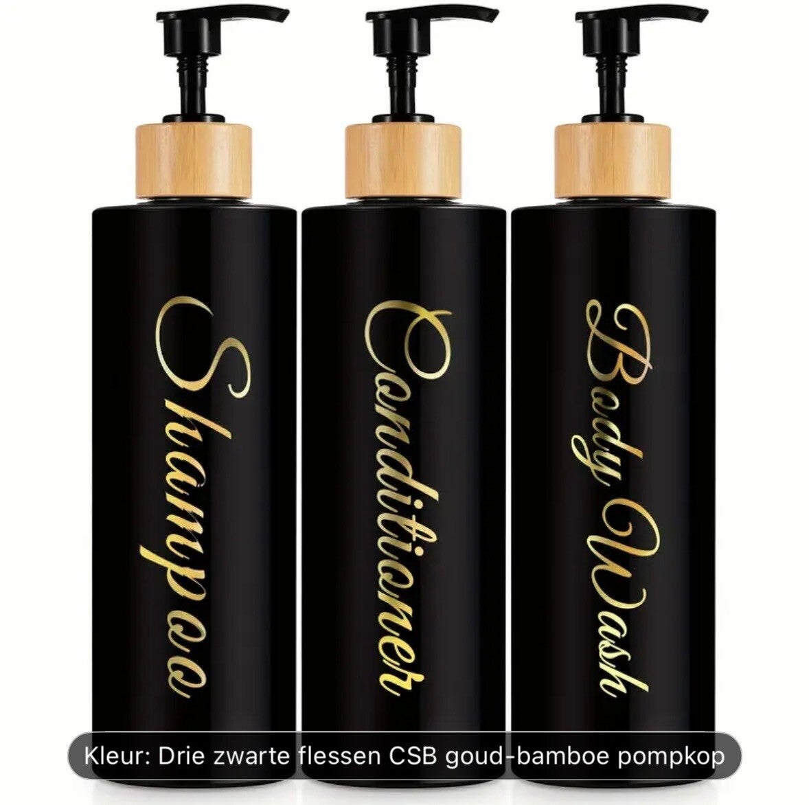 Set van 3 Pompflessen, 500 ML, zeep dispenser kunststof Mat zwart met bamboe en tekst, navulbare shampoo fles.