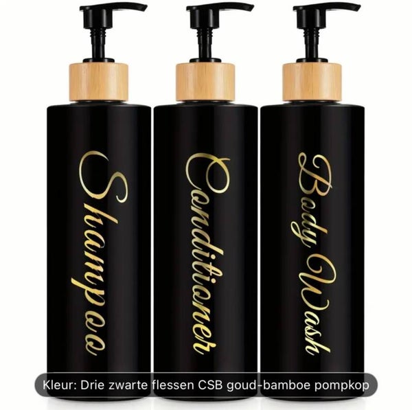 Set van 3 Pompflessen, 500 ML, zeep dispenser kunststof Zwart met goud en tekst, navulbare shampoo fles.