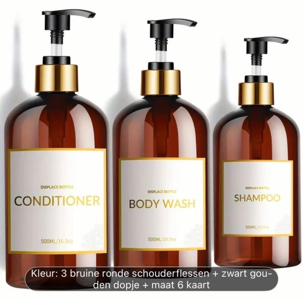 Set van 3 Pompflessen, 500 ML, zeep dispenser kunststof bruin en tekst, navulbare shampoo fles.