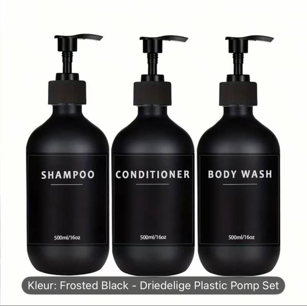Set van 3 Pompflessen, 500 ML, zeep dispenser kunststof zwart met tekst, navulbare shampoo fles.