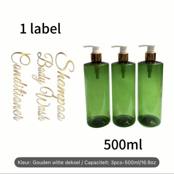 een set van 3 pompflessen groen met tekst 500 ml, zeep dispenser kunststof, navulbare shampoo fles.