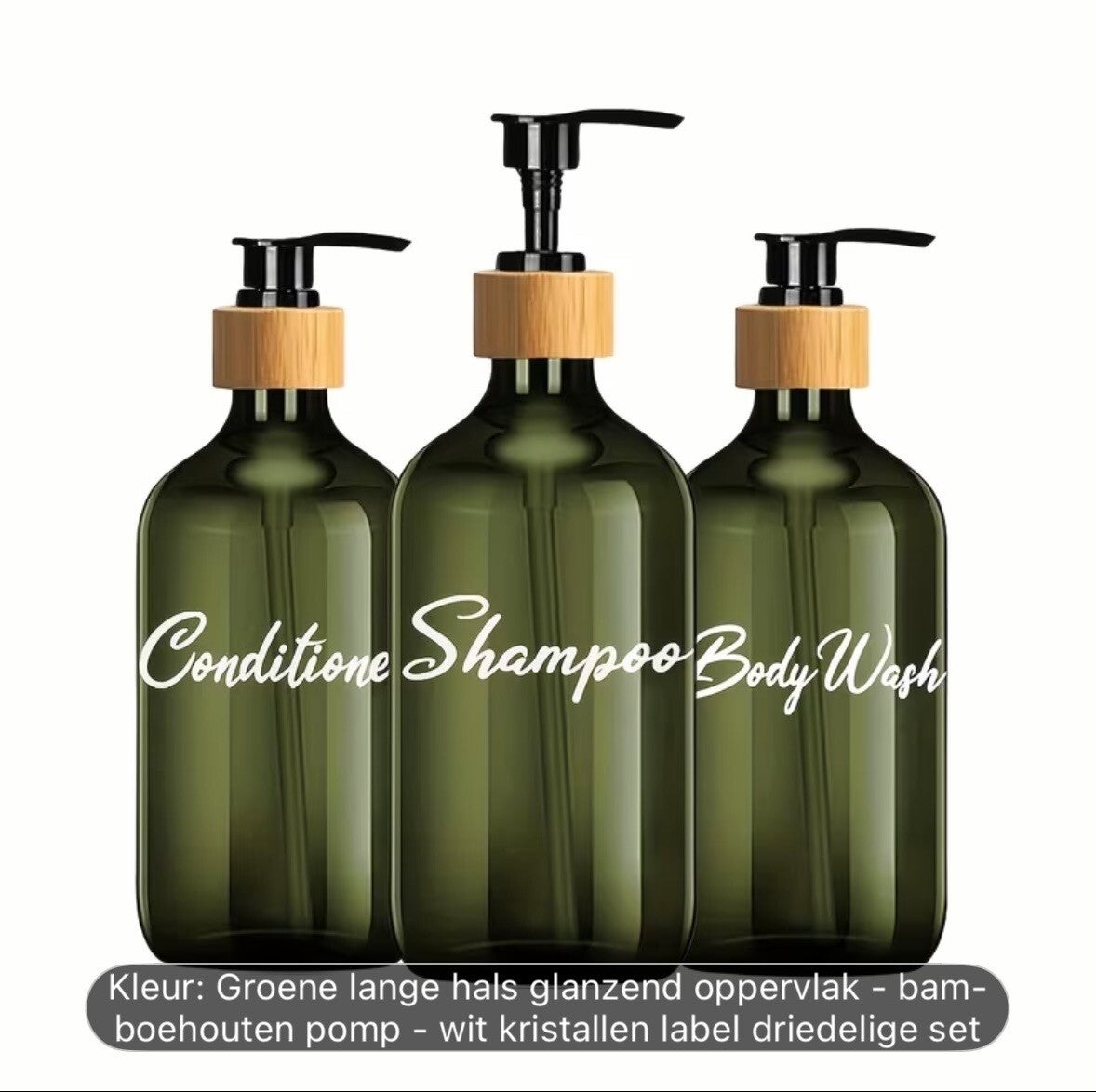 Set van 3 Pompflessen, 500 ML, zeep dispenser kunststof groen en tekst, navulbare shampoo fles.