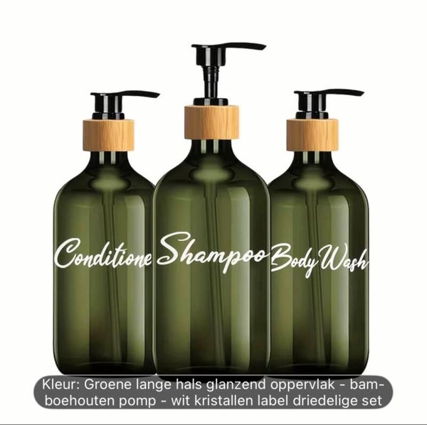 Set van 3 Pompflessen, 500 ML, zeep dispenser kunststof groen en tekst, navulbare shampoo fles.