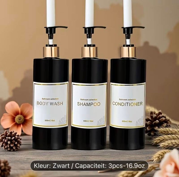 Set van 3 Pompflessen, 500 ML, zeep dispenser kunststof Zwart/goud en tekst, navulbare shampoo fles.