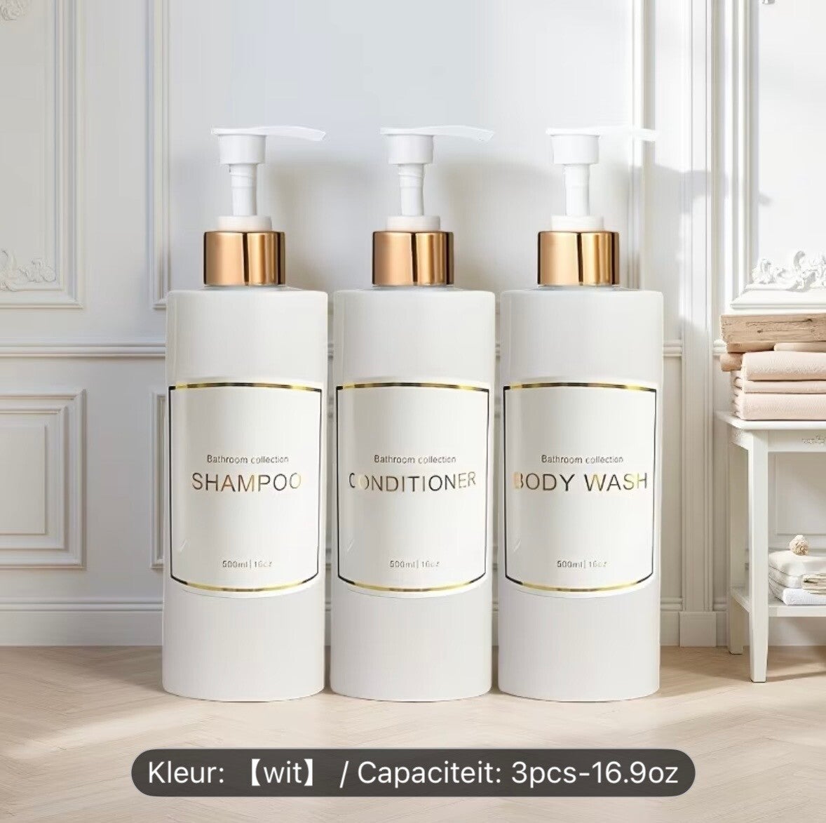 een set van 3 pompflessen wit/goud met tekst 500 ml, zeep dispenser kunststof, navulbare shampoo fles.