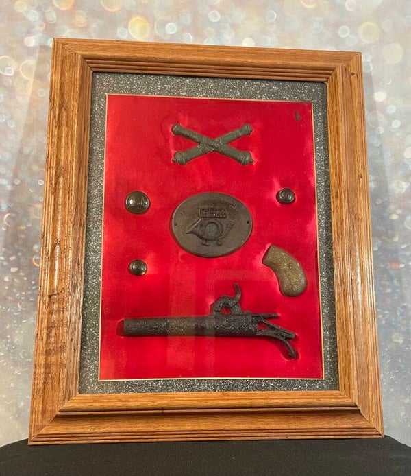 Framed Civil War Confederate Relic Collection – CSA Belt Plate, Buttons & Artillery Insignia