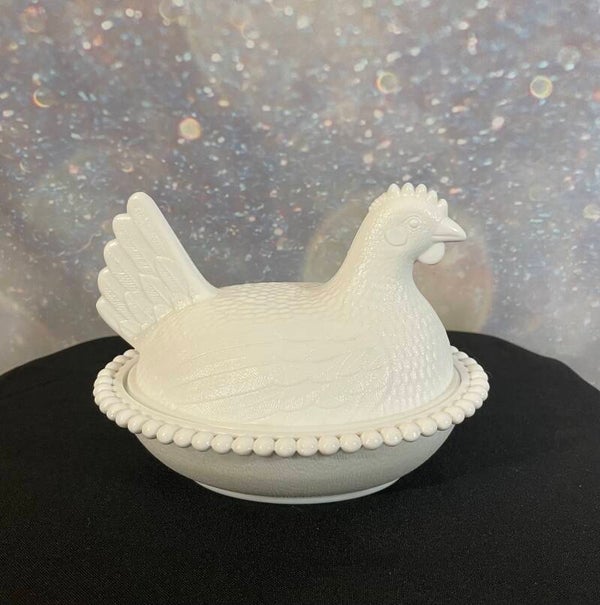 Vintage White Milk Glass Hen on Nest Dish