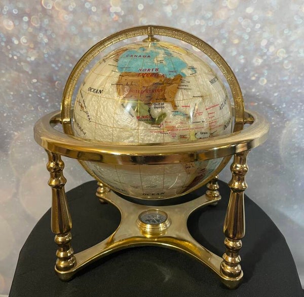 Vintage Gemstone Inlaid World Globe on Brass Stand with Compass
