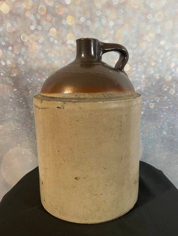 Antique Stoneware Whiskey Jug with Brown Glaze Top