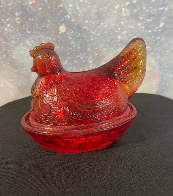 Vintage Amberina Glass Hen on Nest Covered Dish