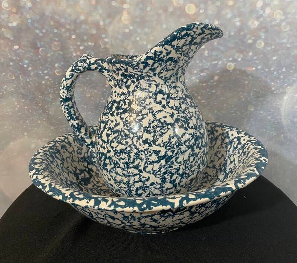 Blue and White Spongeware Pitcher and Wash Basin Set
