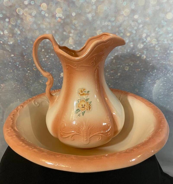 Vintage Peach and Cream Ironstone Pitcher and Wash Basin Set