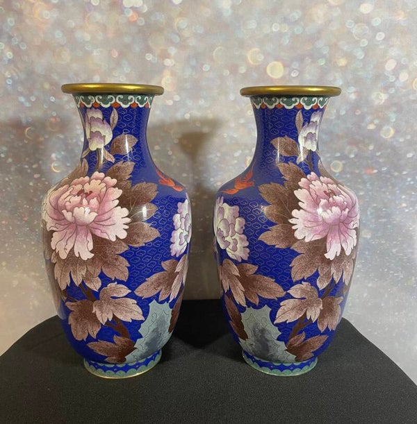 Pair of Vintage Chinese Cloisonné Vases with Floral and Bird Design